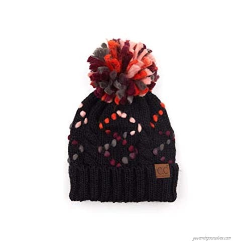 Funky Junque Womens Beanie Chunky Knit Slip Stitch Jumbo Yarn Feathered Pom Hat