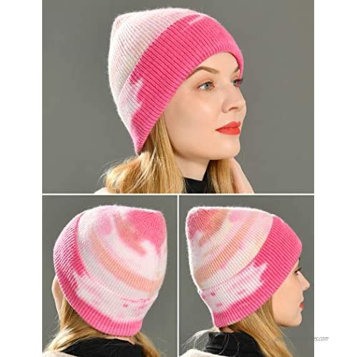 jaxmonoy Winter Wool Tie Dye Knit Beanie Hats for Women Cashmere Soft Warm Cuffed Ski Hat Skull Beanie Cap