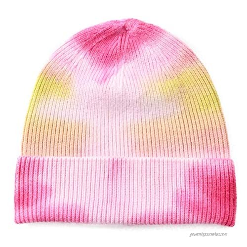 jaxmonoy Winter Wool Tie Dye Knit Beanie Hats for Women Cashmere Soft Warm Cuffed Ski Hat Skull Beanie Cap