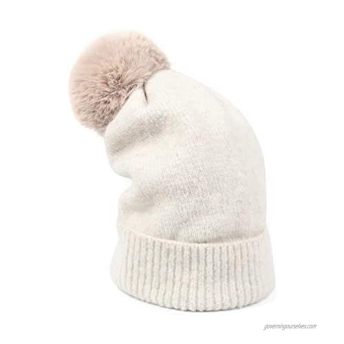 LUCMENTA Faux Fur Pompom Beanie for Women Ribbed Cuff Knitted Soft Slouchy Winter Hat