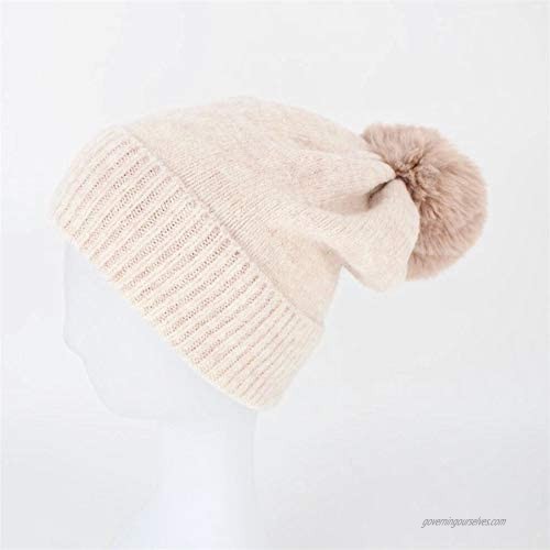 LUCMENTA Faux Fur Pompom Beanie for Women Ribbed Cuff Knitted Soft Slouchy Winter Hat