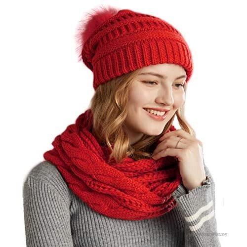 NEOSAN Women Winter Thick Knit Infinity Loop Scarf And Pom Pom Beanie Hat Set
