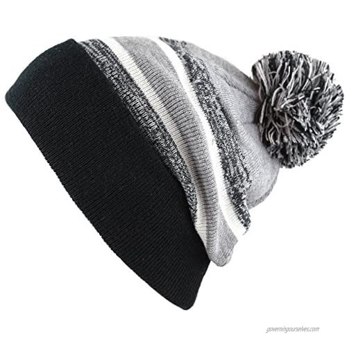 The Hat Depot Winter Soft Unisex Cuff Pom Pom Stripe Knit Beanie Skull Slouch Hat