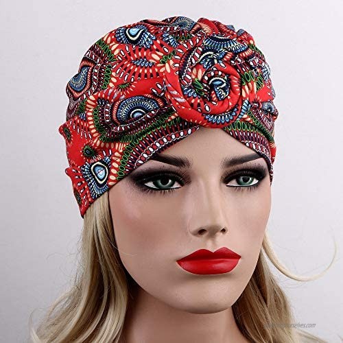 VIJIV Womens Vintage Knot Turban Beanie Hats Head Wrap Scarf Tutorial Pre-Tied Africa Boho Bonnet Headwrap Headband Caps