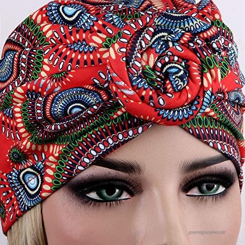 VIJIV Womens Vintage Knot Turban Beanie Hats Head Wrap Scarf Tutorial Pre-Tied Africa Boho Bonnet Headwrap Headband Caps