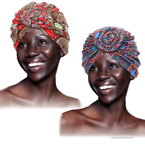 Woeoe African Turban Head Wrap Soft Red Head Scarf Pattern Floral Beanie Cap Headwear Stretch Printed Head Cover for Women and Girls(2 Packs)