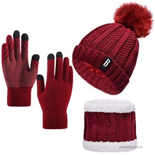 Yvechus Lady Winter Warm Pom Knit Beanie Hat Scarf Gloves Set Touch Screen Slouchy Thick Fleece Lined 3 in 1 Set