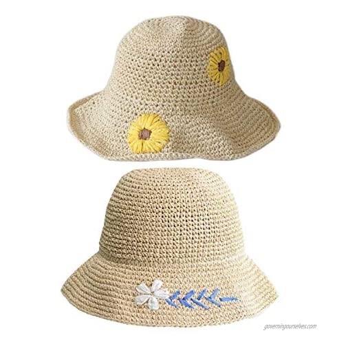 2 Pack Women's Straw Sun Hat Floppy Wide Brim Beach Hats Foldable Bucket Hat Breathable Summer Floral Cap Outdoor