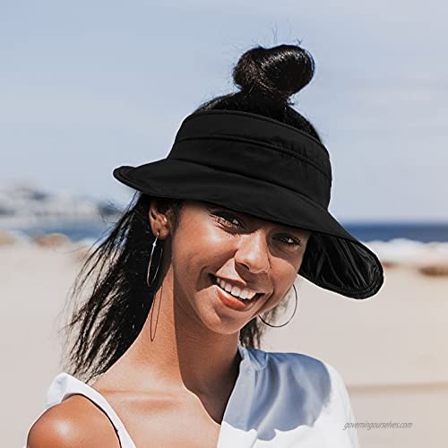 2 Pieces Sun Hats Women Wide Brim Visor UV Protection Hat Summer Beach Visor Hat (Khaki Black)