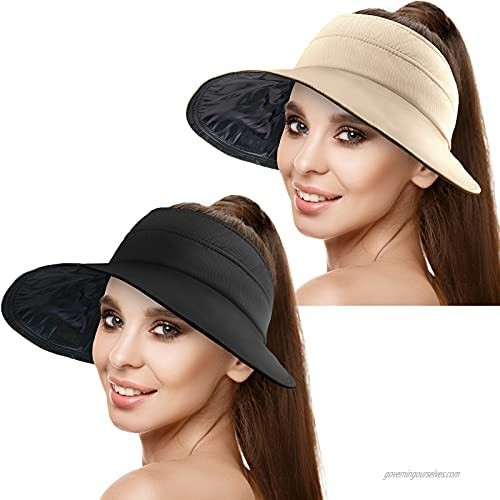 2 Pieces Sun Hats Women Wide Brim Visor UV Protection Hat Summer Beach Visor Hat (Khaki  Black)