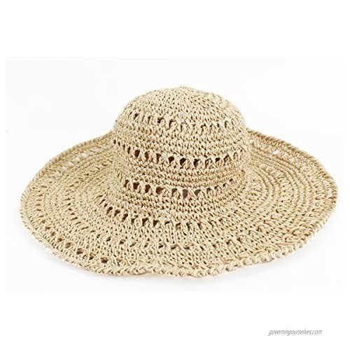Adela Boutique Womens Foldable Wide Brim Roll-up Crocheted Straw Hat Beach Sun Visor Cap UPF 50+