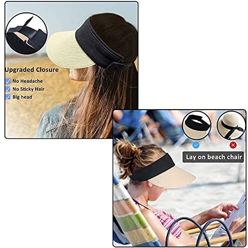 BINBE 2 Pcs Women Straw Sun Visor Hat Sun Visor Beach Hat Summer UV Foldable Golf Hat Beach Cap Travel Hat Ponytail