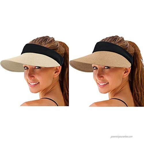 BINBE 2 Pcs Women Straw Sun Visor Hat Sun Visor Beach Hat Summer UV Foldable Golf Hat Beach Cap Travel Hat Ponytail