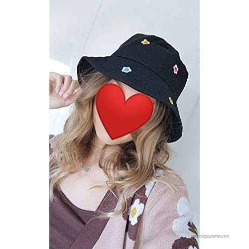 Bucket Hat for Women Teens Travel Summer Beach Sun Hat Colorful Floral Embroidery Foldable Fisherman Cap