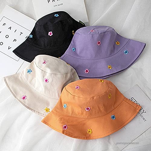 Bucket Hat for Women Teens Travel Summer Beach Sun Hat Colorful Floral Embroidery Foldable Fisherman Cap