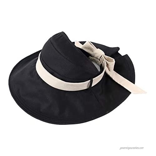 CACUSS Women's UPF 50+ Foldable Large Brim Visor Beach Sun Hat with Chin Strap Size M/L