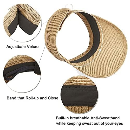 choshion Straw Sun Visor Hats for Women Wide Brim Visors Roll Up Ponytail Summer Beach Hat UV UPF Packable Foldable Travel Khaki