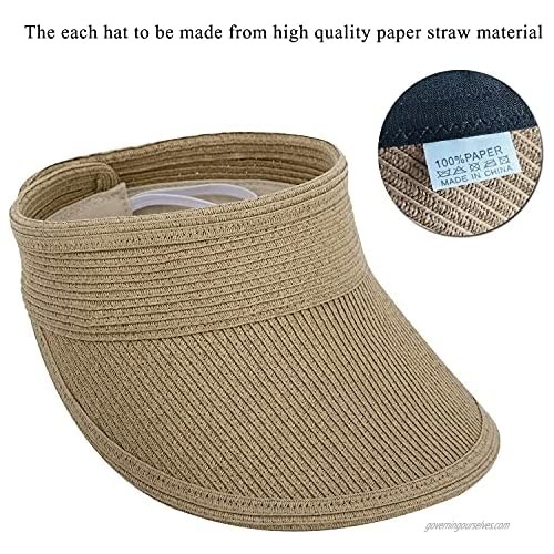 choshion Straw Sun Visor Hats for Women Wide Brim Visors Roll Up Ponytail Summer Beach Hat UV UPF Packable Foldable Travel Khaki