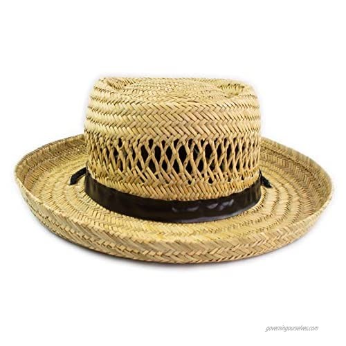 Classic Straw Flat Top Gambler Bolero Sun Hat with Faux Leather Hatband and Chin Strap