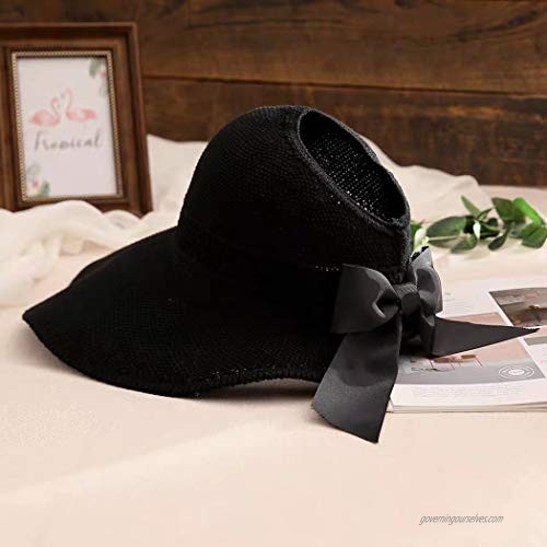 Dreamyn Wide Brim Beach Hats Foldable Sun Hat Floppy Bowknot Summer Hat Adjustable for Women and Girls (Black)