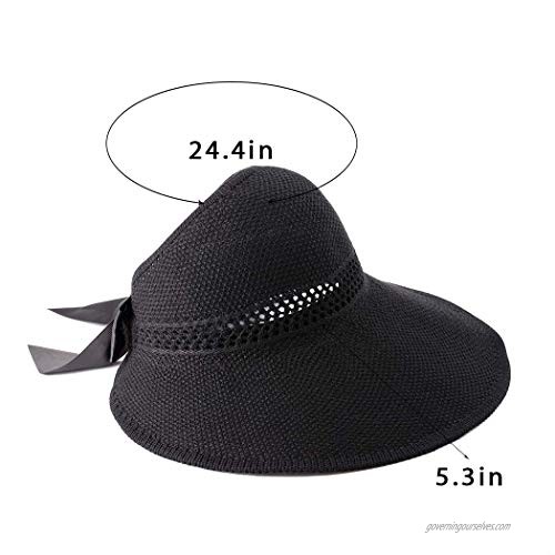 Dreamyn Wide Brim Beach Hats Foldable Sun Hat Floppy Bowknot Summer Hat Adjustable for Women and Girls (Black)