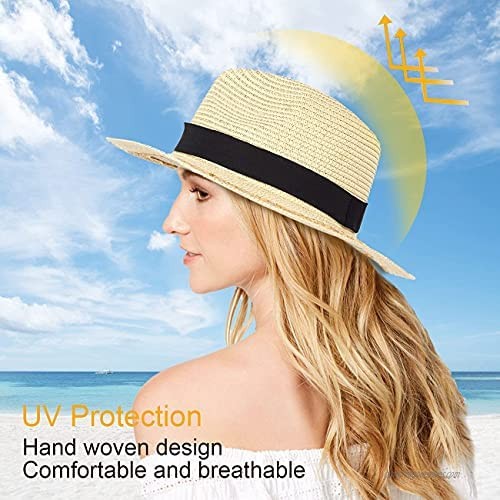 FADACHY Sun Straw Fedora Beach Hat Fine Panama UPF50+ for Both Women Men