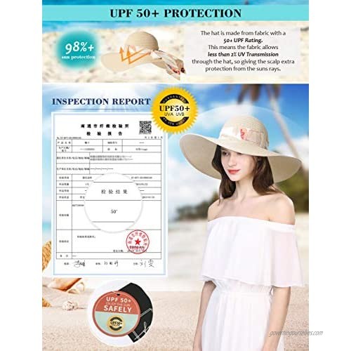 Fancet Womens Packable Floppy Straw Beach Sun Hat with Wide Brim Foldable Panama Travel Hat