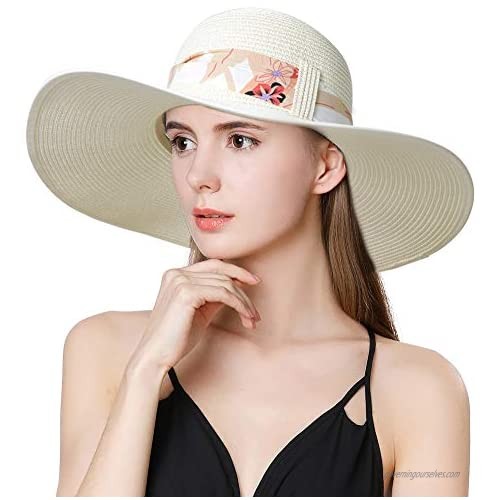 Fancet Womens Packable Floppy Straw Beach Sun Hat with Wide Brim Foldable Panama Travel Hat