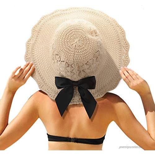 FIMILU Women's Sun Blocking Straw Hat Soft Bow Summer Hat Foldable Roll up Floppy Beach Hats