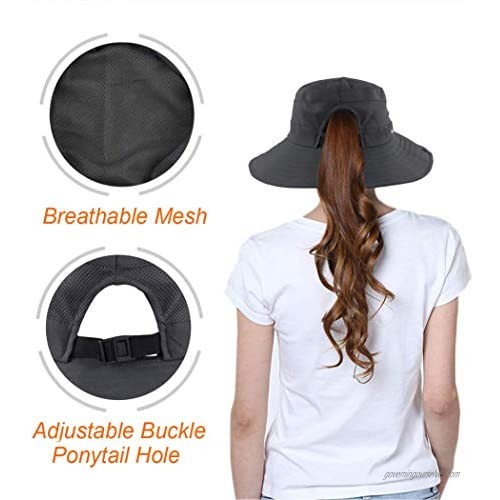 HINDAWI Women's Outdoor UV Protection Foldable Mesh Wide Brim Beach Fishing Sun Hat with Ponytail Hole