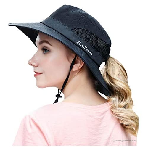 HINDAWI Women's Outdoor UV Protection Foldable Mesh Wide Brim Beach Fishing Sun Hat with Ponytail Hole