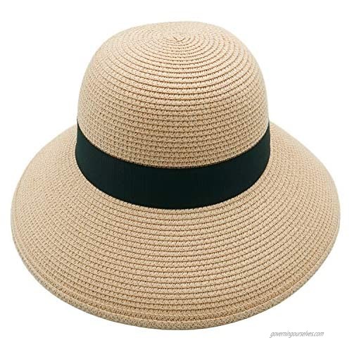 JEEDA Womens Beach Sun Straw Hat UV UPF50 Travel Wide Brim Summer UV Hat for Women(Dark Beige)