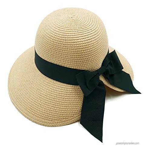 JEEDA Womens Beach Sun Straw Hat UV UPF50 Travel Wide Brim Summer UV Hat for Women(Dark Beige)