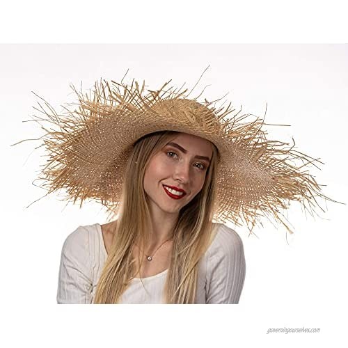 KaKyCo Natural Large Fringe Brim Wide Brim Raffia Straw Hat Beach Cap Summer Hollow Big Straw Hat with Adjustable Sweatband