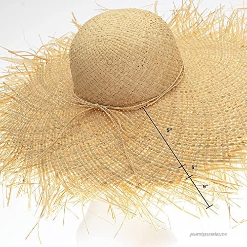 KaKyCo Natural Large Fringe Brim Wide Brim Raffia Straw Hat Beach Cap Summer Hollow Big Straw Hat with Adjustable Sweatband
