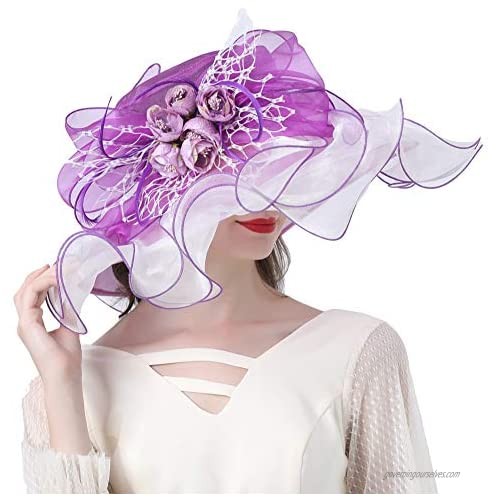 KN Accessories Women Hats Rose Flower Decoration Wide Brim Occasion Event Kentucky Derby Church Dress Sun Hat