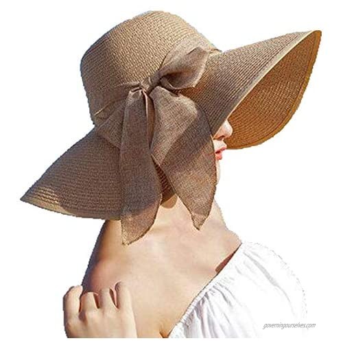MengBom Women's Big Bowknot Straw Hat Floppy Foldable Roll up Beach Cap Sun Hat UPF 50+