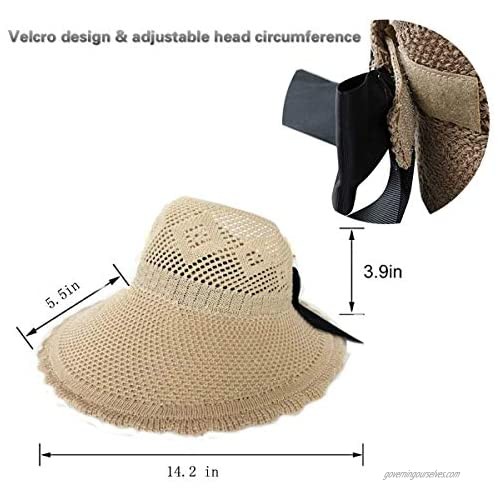 MonicaSun Straw hat Sun hat Summer Beach hat Collapsible Sun hat Floppy hat Wide-Brimmed Strap Large Bow Adjustable