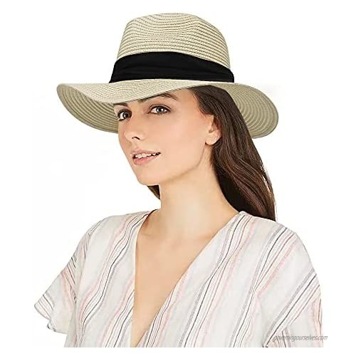 Panama Straw Sun Hat for Women Foldable Summer Sun Hat for Beach Outdoor Travel Floppy(Hat Clrcumference 22.5"-22.8")