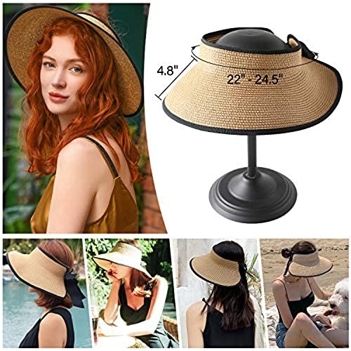 Peicees Sun Straw Hat for Women Wide Brim Beach Visors Hat (Black-1)