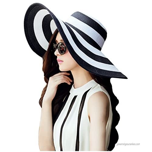 Queena Women Stripe Straw Hat Wide Brim Sun Hat Foldable Summer Beach Caps Gift for Mom Wife Girlfriend