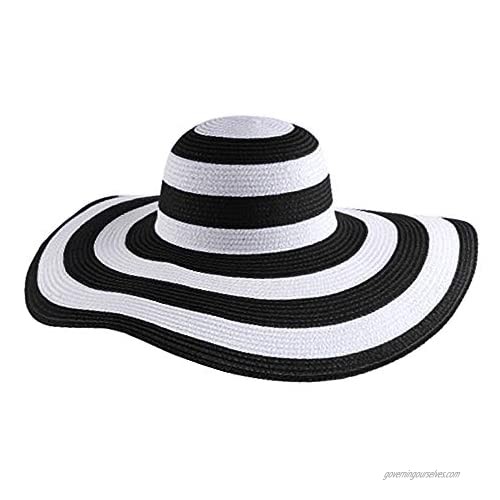 Queena Women Stripe Straw Hat Wide Brim Sun Hat Foldable Summer Beach Caps Gift for Mom Wife Girlfriend