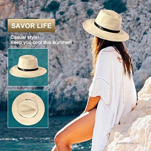 SATINIOR 2 Pack Womens Wide Brim Sun Hat with Wind Lanyard UPF Beach Travel FoldableSummer Cowboy Sun Straw Hats for Women Men Beige 21-23.6 inch/ 52-60 cm