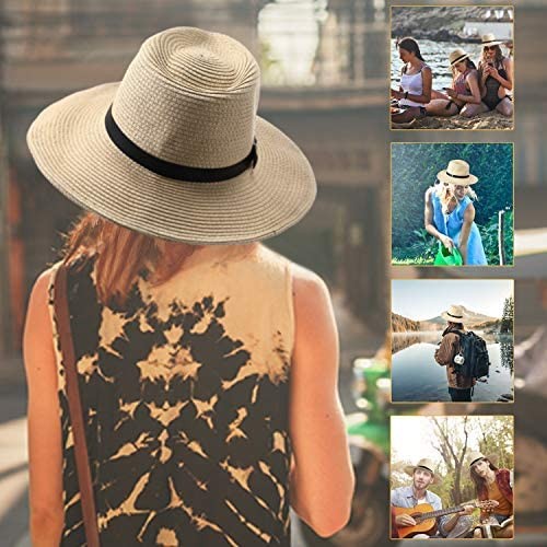 SATINIOR 2 Pack Womens Wide Brim Sun Hat with Wind Lanyard UPF Beach Travel FoldableSummer Cowboy Sun Straw Hats for Women Men Beige 21-23.6 inch/ 52-60 cm