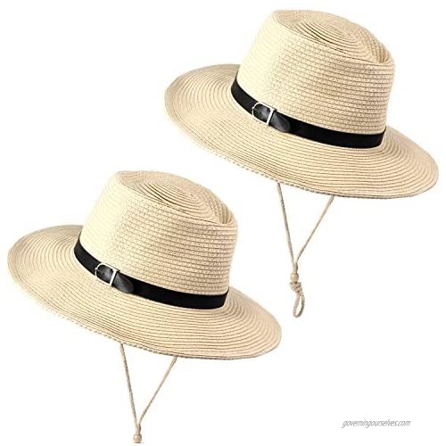 SATINIOR 2 Pack Womens Wide Brim Sun Hat with Wind Lanyard UPF Beach Travel FoldableSummer Cowboy Sun Straw Hats for Women Men Beige  21-23.6 inch/ 52-60 cm