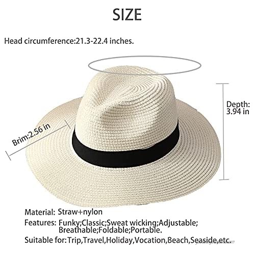 Straw Beach Sun Hat Summer Panama Fedora Cap Wide Brim Floppy Foldable UPF Outdoor Men Women