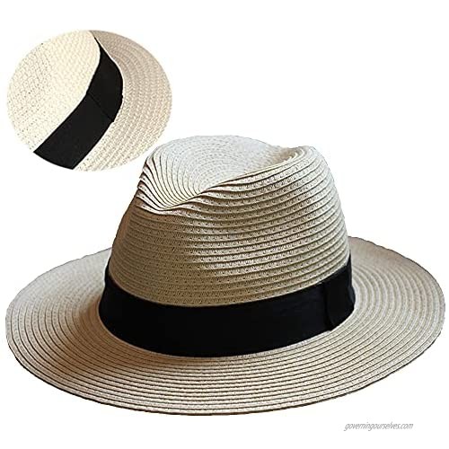Straw Beach Sun Hat Summer Panama Fedora Cap Wide Brim Floppy Foldable UPF Outdoor Men Women