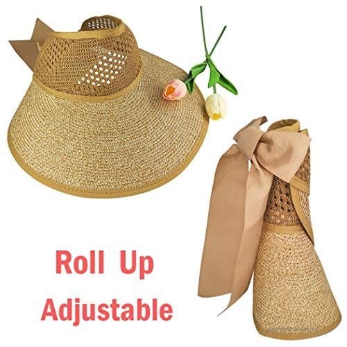Straw Sun Visor Hat for Women Wide Brim Ponytail Summer Hat Floppy Foldable Cap