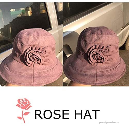 Summer Bucket Hat with Rose for Women Girls Bucket Sun Hats Wide Brim Sunhat Summer Cloche UPF50 Cotton