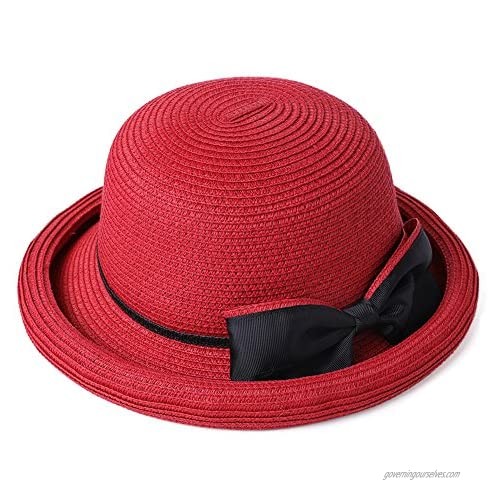 Summer Straw Sun Hat for Women Beach Fedora Panama Hats SPF Travel Foldable Stylish Short Brim Red Hat